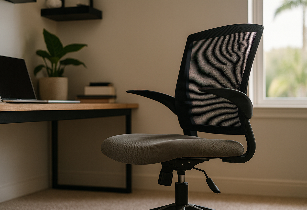 Απεικονίζεται η καρέλα σε ένα home office, μπροστά από ένα γραφείο.